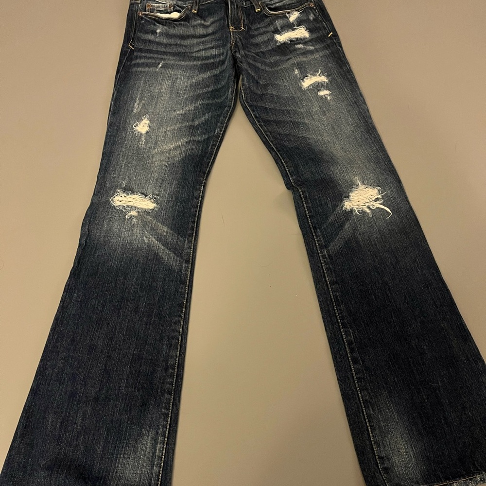 Abercrombie & Fitch Men's Dark Blue Bootcut Jeans with Distressed Details